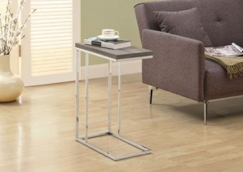 Monarch I 3253 ACCENT TABLE - DARK TAUPE WITH CHROME METAL; This beautiful dark taupe reclaimed wood-look finished accent table has sufficient space for you to place your snacks, drinks and even meals; Its chromed metal base provides sturdy support along with a fashionable flair that will suit any decor; PRODUCT DIMENSIONS: 20